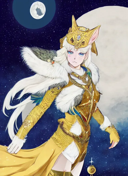 Image similar to commissioned full body portrait of a female anthro wolf princess fursona with a wolf head and white hair wearing a blue and gold Japanese armored dress in a white and gold palace on a starry night with a large crescent moon, by a professional manga illustrator, by Kilian Eng, by Sandra Chevrier, trending on artstation