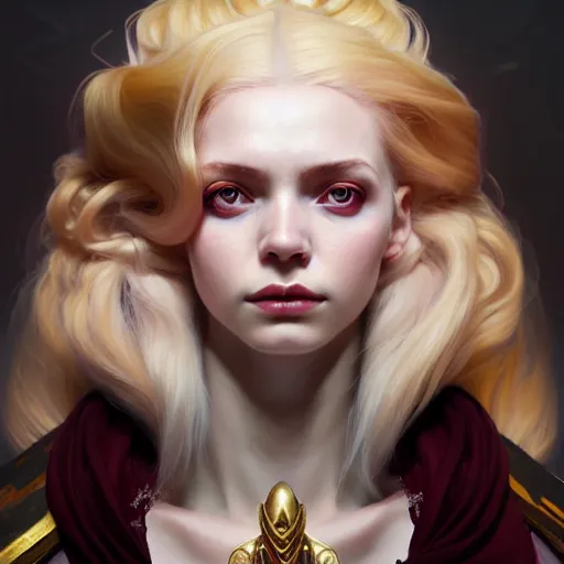 Prompt: Hyperrealistic portrait of a girl with cream coloured hair wearing a heavy maroon cloak, Overwatch inspired, golden accents, face, fantasy, intricate, elegant, highly detailed, digital painting, artstation, concept art, smooth, sharp focus, illustration, art by Wei Fan and Fernanda Suarez and Artem Demura and alphonse mucha