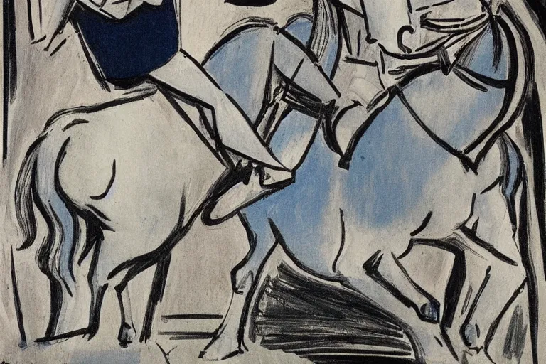 Prompt: leonardo di caprio horse riding by picasso