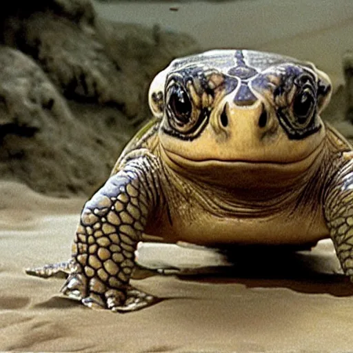 Prompt: a film still of anthropomorphic turtle ( from the bible ) in star wars 1 9 7 7, realistic, photorealistic, detailed,