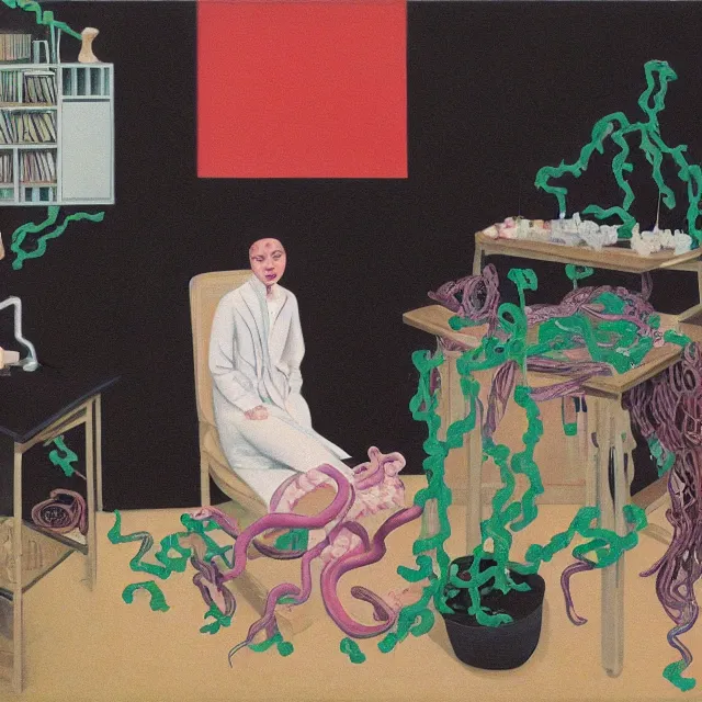 Image similar to a female pathology student in her apartment, wrapped in vines, medical equipment, candles, octopus, first aid kit, pig, black walls, ikebana, black armchair, sculpture, acrylic on canvas, surrealist, by magritte and monet