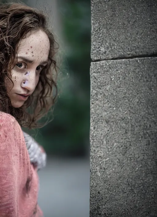 Prompt: Mid-shot portrait of a beautiful 30-year-old woman from Moldova, with freckles and wavy hair, candid street portrait in the style of Martin Schoeller award winning, Sony a7R