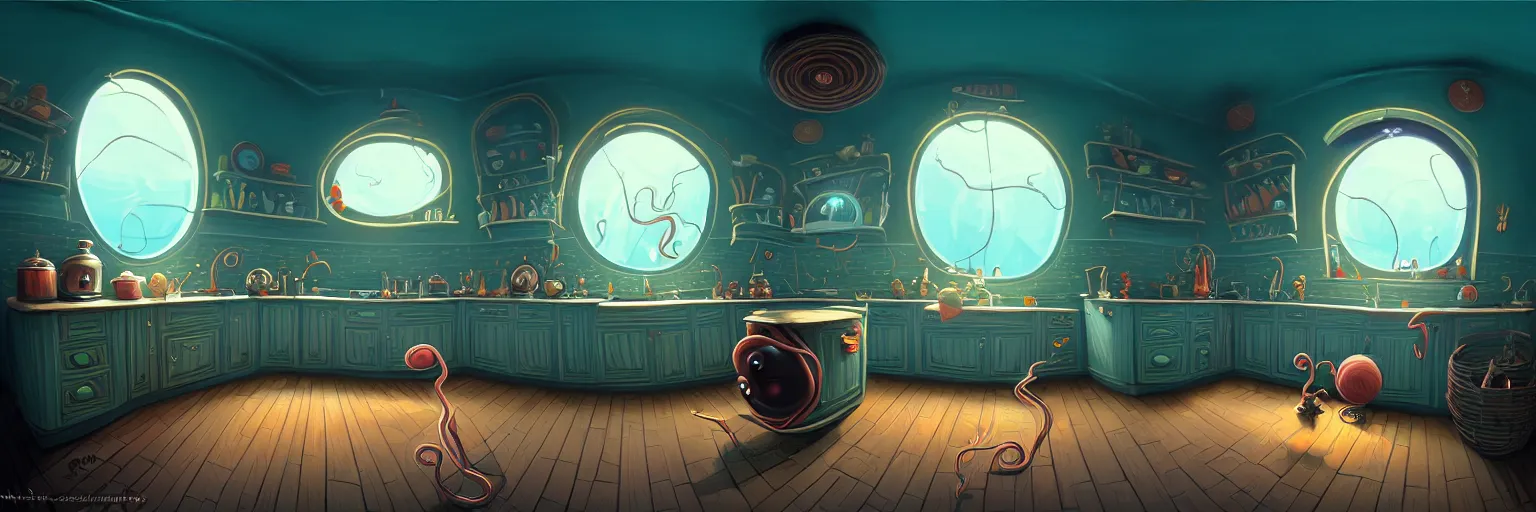 Prompt: dark colors, fisheye spiral lines, naive, extra narrow, detailed illustration of a kitchen, large floor, octopus shaped by rhads from lorax movie, trending artstation, underwater