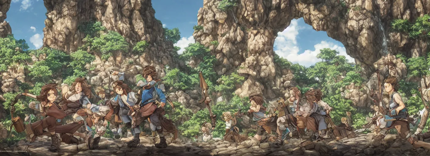 Image similar to standing and waiting just means we'll be showered by more boulders. get ready on the double! hyperrealistic anime illustration by iralki nadar, extremely detailed, intricate linework, super sharp focus, bright colors, octopath traveler, studio ghibli, unreal engine 5 highly rendered, global illumination, radiant light, detailed and intricate environment