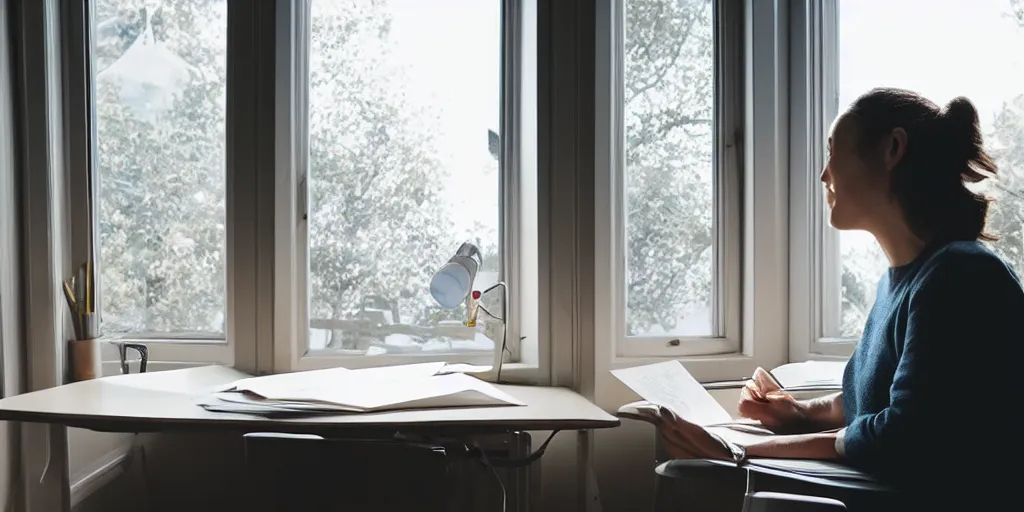 Image similar to a woman sitting a desk next to a window, reading a letter, warm, happy, sunlight, medium shot, realistic