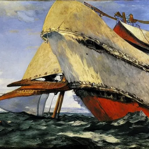 Prompt: A magnificent ship wreck, realistic painting, in the style of Lyversberg, Rembranlt, and Edouard Manet.