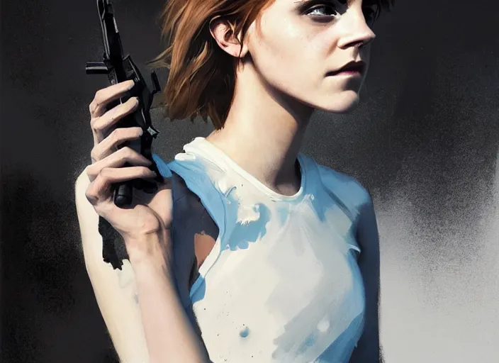 Prompt: emma watson white dress girl chasing from crazy grim reaper, holding a gun, messy hair, messy lines, scared face, beautiful and aesthetic and attractive, dramatic situation, specular reflection, occlusion shadow, intricate, bokeh, by ilya kuvshinov and jeremy lipking and quentin mabille