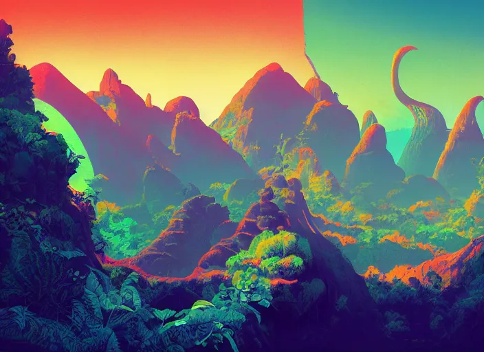 Image similar to psychedelic art of a mountain shaped like a dinosaur, jungle landscape, detailed, cel shaded, by makoto shinkai and moebius and anton fadeev and james gurney