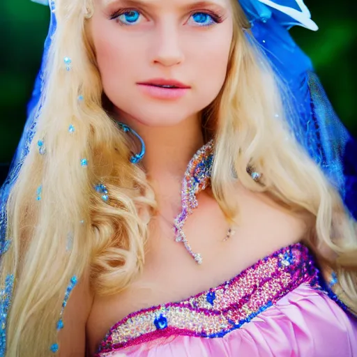 Prompt: close up headshot of a princess with long blonde hair and blue eyes wearing a strapless elaborately beaded pink dress, high resolution film still, 8k, HDR color, film by Simon Langton and David Frankel, gazing eyes, narrow V-shaped chin