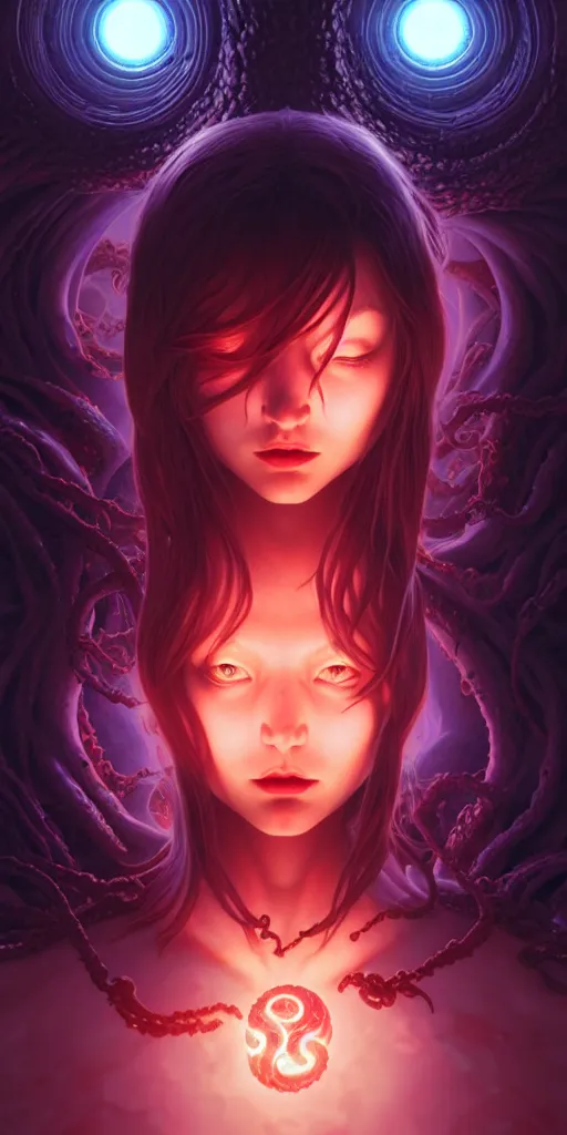 Image similar to azathoth girl save the earth, occlusion shadow, specular reflection, rim light, unreal engine, artgerm, artstation, art by hiroaki samura and ilya kuvshinov and ossdraws, intricate, highly detailed 8 k, cosmic horror illustration, extremely beautiful and aesthetic shape of face and body, movie poster