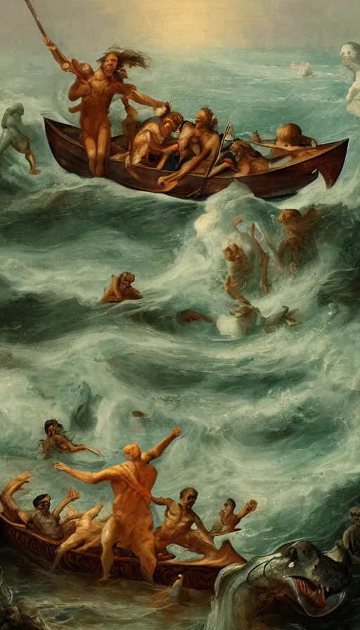 Image similar to man on boat crossing a body of water in hell with creatures in the water, sea of souls, by andre francois