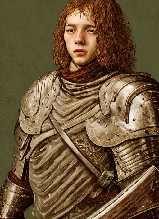 Image similar to oilpainting of an ugly young knight, ugly, hunchback, knight armor, no helmet, stringy hair, blemished face, strong, high resolution, clear image, digital art, studio photo, 4 k, clear lines, artstation, rendition by jan van eyck