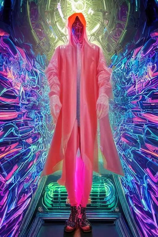 Image similar to full-body baroque and cyberpunk style neon statue of a attractive pale Zayn Malik as a humanoid deity wearing a thin see-through plastic hooded cloak sim roupa, posing like a superhero, glowing peach face, crown of pink lasers, large diamonds, swirling black silk fabric. futuristic elements. oozing glowing liquid, full-length view. space robots. human skulls. throne made of bones, intricate artwork by caravaggio. Trending on artstation, octane render, cinematic lighting from the right, hyper realism, octane render, 8k, depth of field, 3D