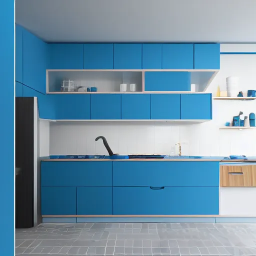 Image similar to isometric minimalistic chubby kitchen, cinema 4 d, 1 0 0 mm, blue color scheme depth of field, octane render, studio lighting