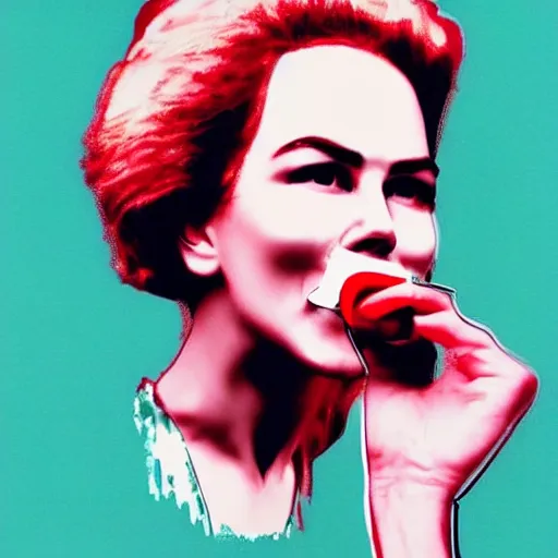 Prompt: “of nicole Kidman chewing bubblegum blowing a bubble with gum in artistic Andy Warhol style”