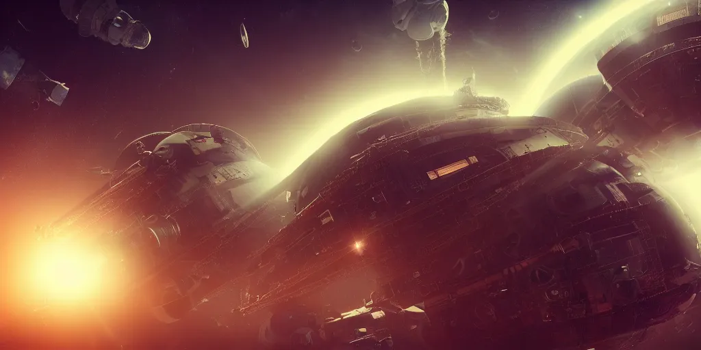 Prompt: full shot of industrial spaceship in space, bokeh, Hubble photo background, inspired by Ridley Scott, Warhammer, octane render, HD, volumetric lighting, mist, twilight, detailed