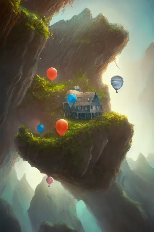 Prompt: a house floating with balloons, near the mountains and below is a deep canyon, dream core art, dynamic lighting, fantasy concept art, trending on art station, stunning visuals, creative, cinematic, ultra detailed