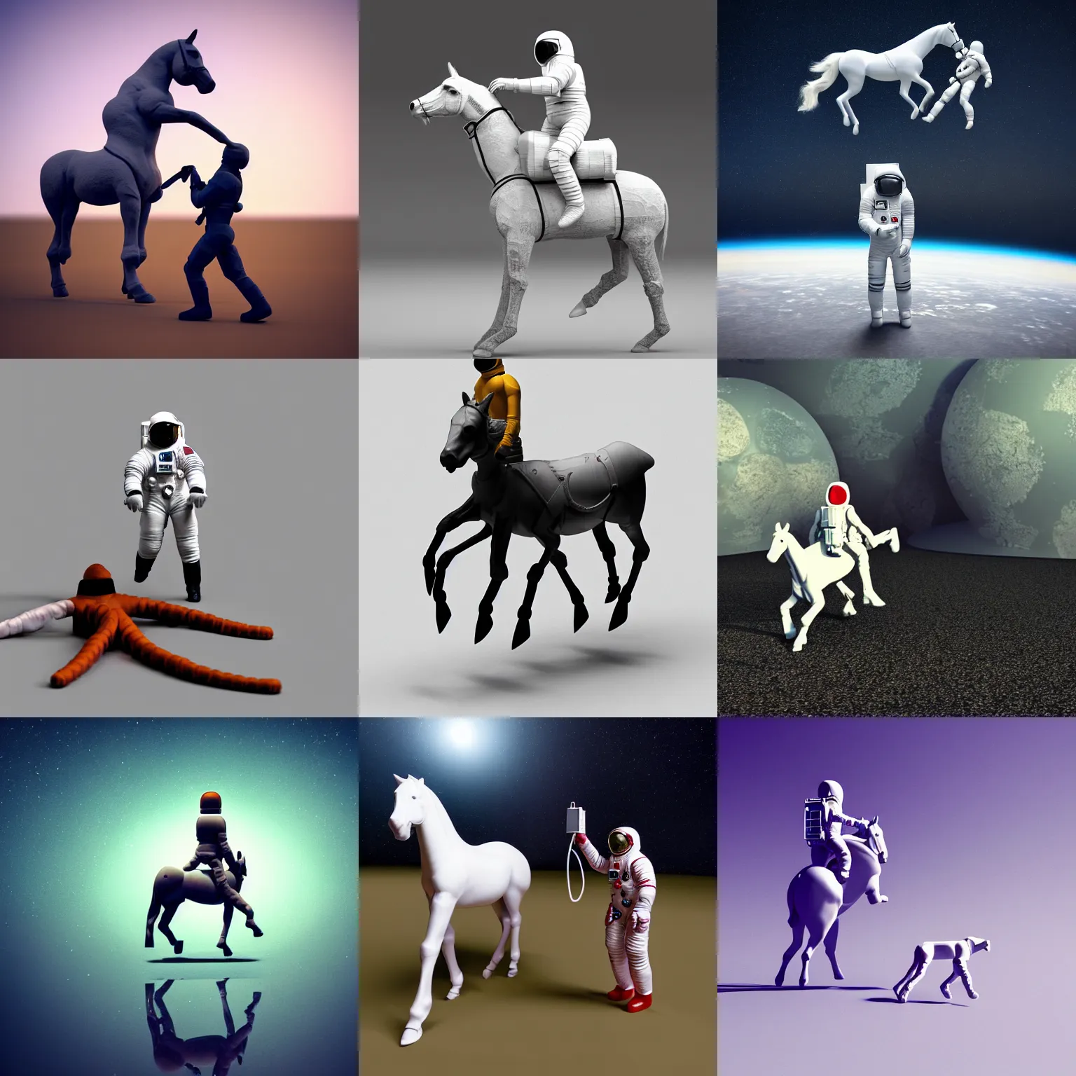 Prompt: an astronaut standing on the ground and a small trippy aggressive centaur standing on that poor human being standing on all fours astronaut, really trying to ride it, the horse is on his shoulders and grabbing them, the astronaut is holding the legs with his arms, minimalist style, 3 d render, isometry
