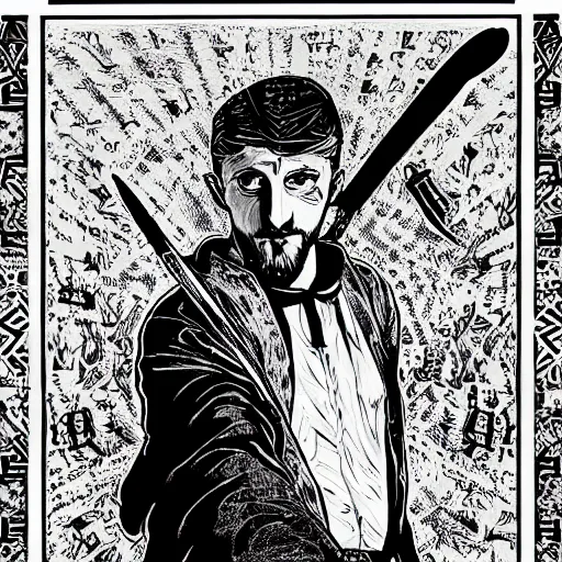 Image similar to black and white pen and ink!!!! rugged royal masonic goetic!! Frank Zappa x Ryan Gosling golden!!!! Vagabond!!!! floating magic swordsman!!!! glides through a beautiful!!!!!!! battlefield dramatic esoteric!!!!!! pen and ink!!!!! illustrated in high detail!!!!!!!! by Junji Ito and Hiroya Oku!!!!!!!!! graphic novel published on 2049 award winning!!!! full body portrait!!!!! action exposition manga panel black and white Shonen Jump issue by David Lynch and Ari Aster beautiful line art