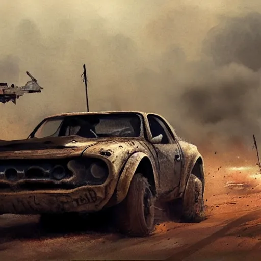 Prompt: a post apocalyptic car chase in the style of mad max, heavily modified cars, low camera angle, truck racing into camera, concept art for a movie