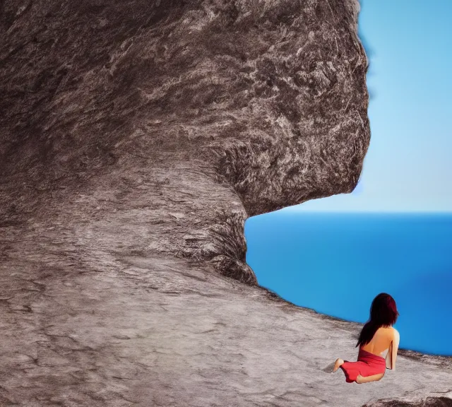 Image similar to a 4 k photorealistic photo of a girl sitting on a cliff overlooking a beach