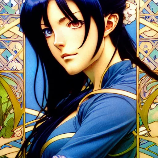 Image similar to highly detailed vfx portrait of nico robin by eiichiro oda!, makoto shinkai, alphonse mucha, msterpriece, art by artgerm and greg rutkowski!, blue eyes!!, large aquiline nose!!, gaston bussiere, stanley kubrick, kaoru mori, intricately detailed, behance, 4 k, hdr