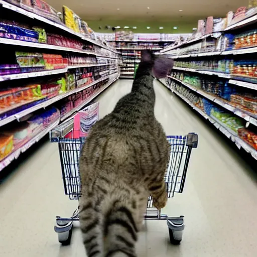 Image similar to photo of a cat pushing a shopping cart in a grocery store