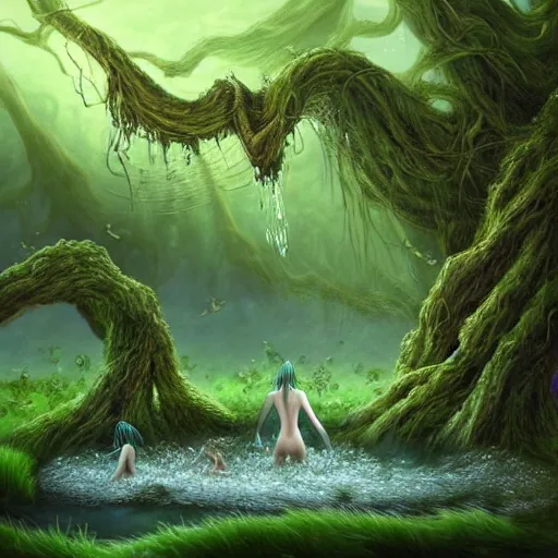 Prompt: beautiful digital fantasy illustration of A woody green field with a stream running through it, with a group of dryad women standing in the water. They seem to be preparing to submerge themselves in the cool, clear waters of the stream. a creepy creature standing in front of a mirror!, concept art by Alex Horley-Orlandelli!!, cgsociety contest winner!!!, gothic art,!!!!, cgsociety, fantasy art, highly detailed, soft lighting, rendered in octane, masterpiece, very very very aesthetic