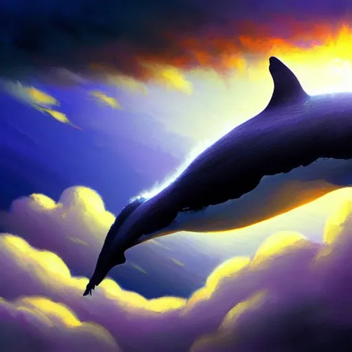 Prompt: digital painting of a whale flying through the clouds. dramatic lighting. god rays. by artem rhads chebokha