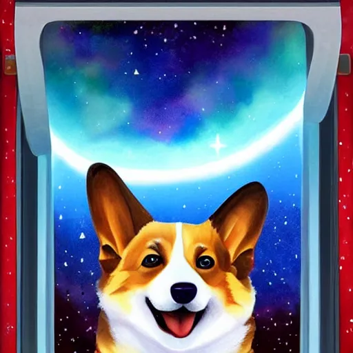 Prompt: a corgi looking out of the window of a spaceship, stars, nebula, science fiction, detailed digital painting