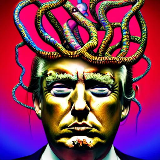 Prompt: an extremely psychedelic portrait of donald trump as medusa, surreal, lsd, face, detailed, intricate, elegant, lithe, highly detailed, digital painting, artstation, concept art, smooth, sharp focus, illustration