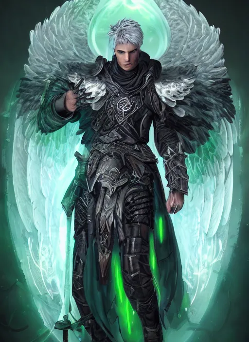 Image similar to An epic fantastic realism comic book style portrait painting of a male hexblade warlock aasimar with angel wings, green energy emanating from body, silver hair, Apex Legends Concept Art, unreal 5, DAZ, hyperrealistic, octane render, cosplay, RPG portrait, dynamic lighting