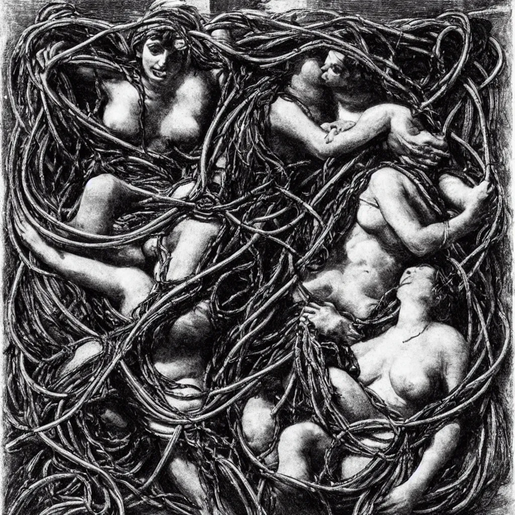 Image similar to a woman entangled in the thick black cables in the style of the laocoon of the vatican