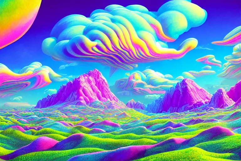 Image similar to a psychedelic realm with rolling plains made out of clouds, mountains made out of icebergs, and plant life made out of cotton candy, in the style of wlop and lisa frank, illustration, epic, fantasy, hyper detailed, smooth, unreal engine, sharp focus, ray tracing
