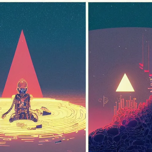 Image similar to Stunningly intricate illustration of a cyberpunk explorer meditating next to a floating triangular glowing monolith, highly detailed, midnight, by Victo Ngai and James Gilleard , Moebius, Laurie Greasley