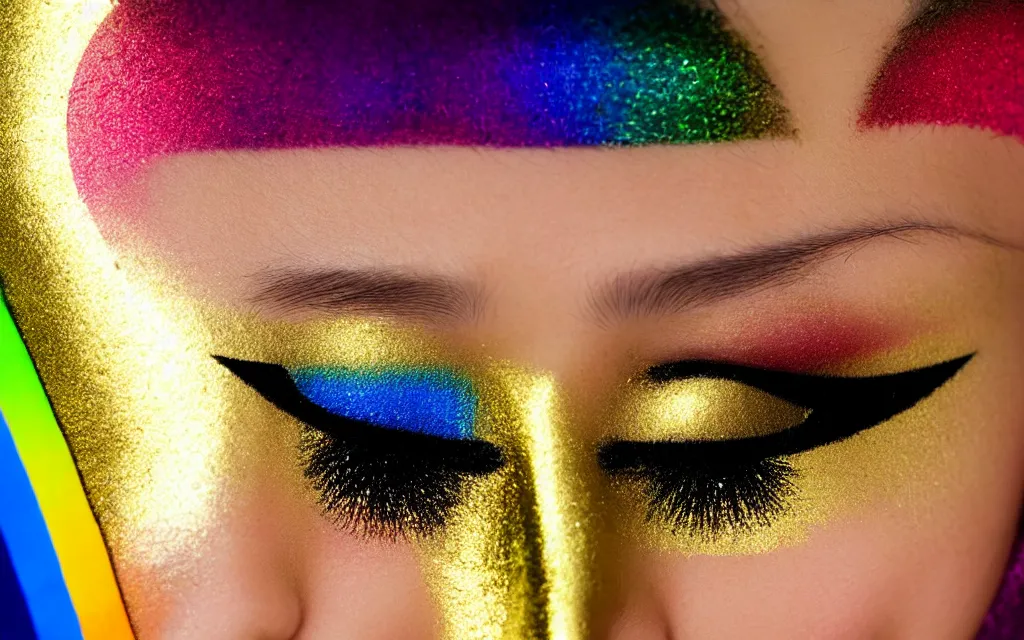 Image similar to japanese female ninja with mask and only eyes showing ; closeup goldenhour face photo with beautiful blue eyes with rainbow eyeshadow and ornate gold eyelashes, with rainbow light caustics