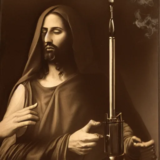 Image similar to studio photo of jesus using a medical bong, studio portrait