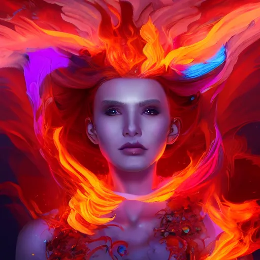 Prompt: ecstatic goddess of fire surrounded by swirling flames and magic, 8k resolution digital painting, cinematic lighting, DeviantArt Artstation, Behance HD, by Jason Felix and Ross Tran, vivid rainbow aventurescence