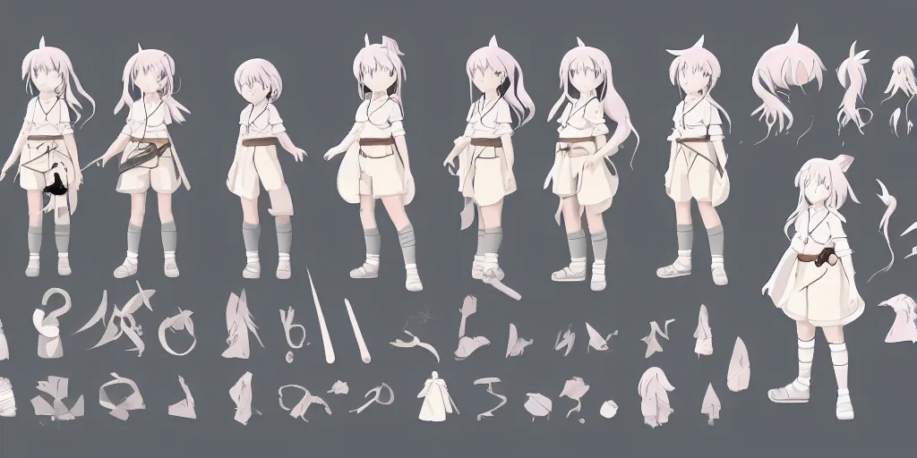 Image similar to a magical adventurer little girl character anime model sheet; in the magical studio ghibli anime; character outfit concepts; trending on artstation, highly detailed, clean lineart