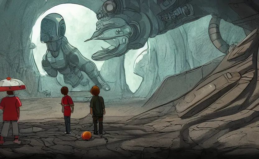 Prompt: highly detailed cell - shaded cartoon action scene with two boys looking at a miniature alien creature. 1 9 7 0 s science fiction, moody, misty, depth perception, 4 k, artstation, in the style of studio ghibli