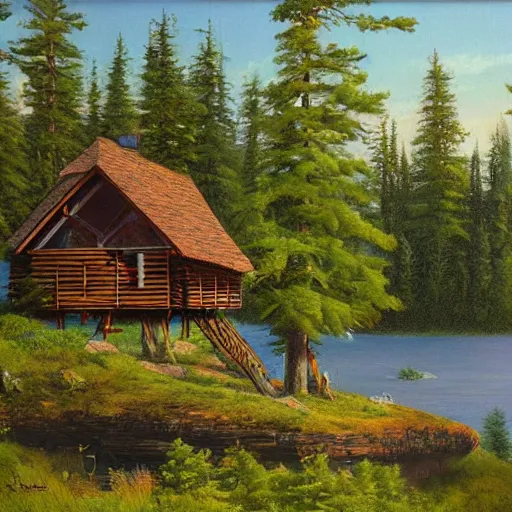 Image similar to cabin on a cliff overlooking a lake in a forest, Stephen youll