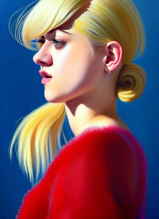 Image similar to full body portrait, teenage lili reinhart, blonde hair, obese, bangs, ponytail, sultry, realistic, sweater, fluffy bangs, fully clothed, curly bangs, fat, belly, intricate, elegant, highly detailed, digital painting, artstation, concept art, smooth, sharp focus, illustration, art by wlop, mars ravelo and greg rutkowski