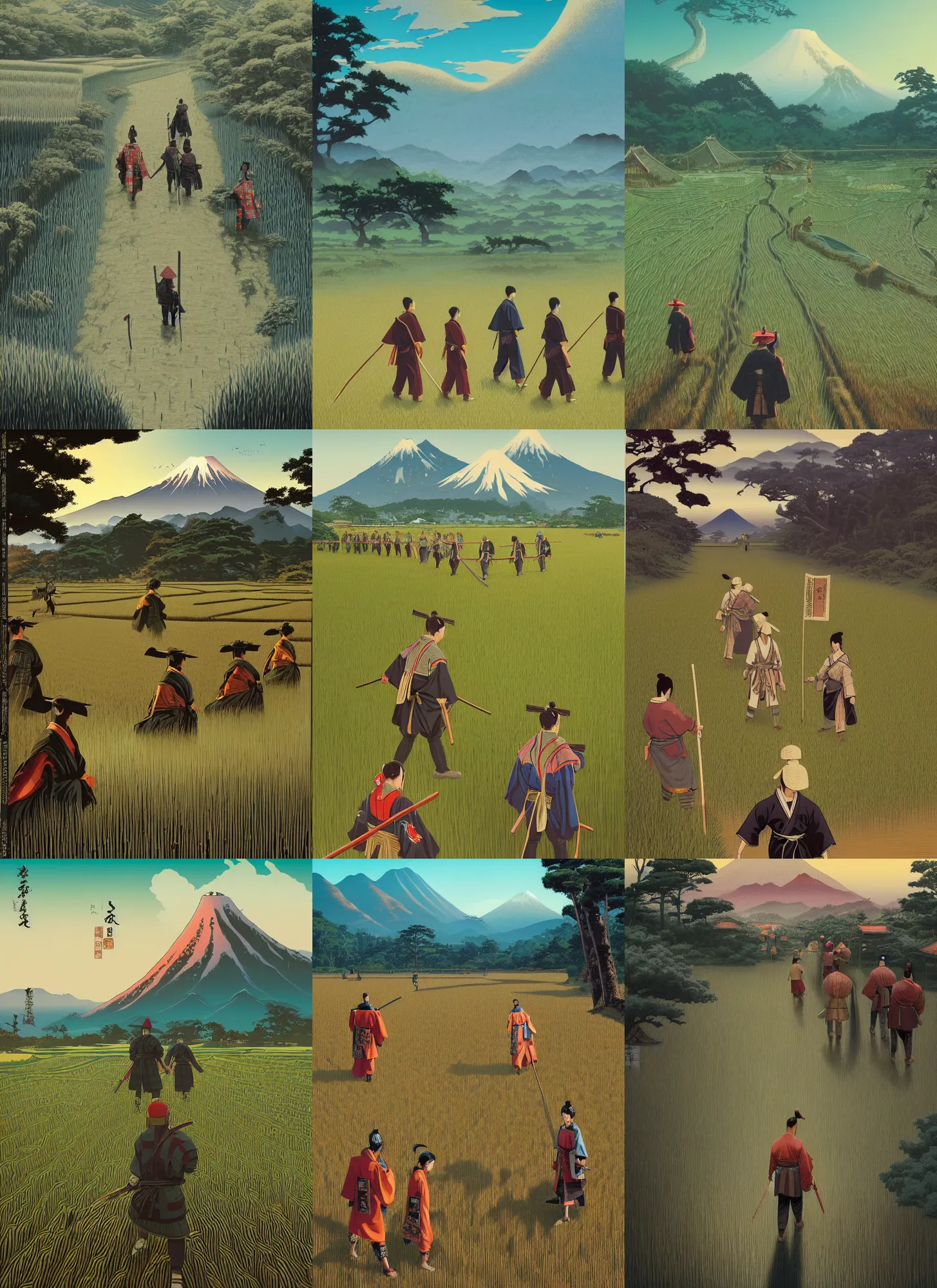 Prompt: 7 samurai walking through rice field, Medieval Japan, Twin Peaks poster artwork by Michael Whelan and Tomer Hanuka, Rendering of nostalgic idyllic teenage wasteland, full of details, by Makoto Shinkai and thomas kinkade, Matte painting, trending on artstation and unreal engine