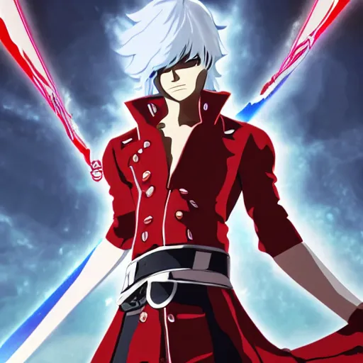 Prompt: Dante of Devil May cry in the stye of Kill la Kill(2013),Gurren Lagann,SSSS.GRIDMAN,full length, exquisite detail, post-processing, masterpiece, volumetric lighting, cinematic, hypermaximalistic, high details, cinematic, 8k resolution, beautiful detailed, insanely intricate details