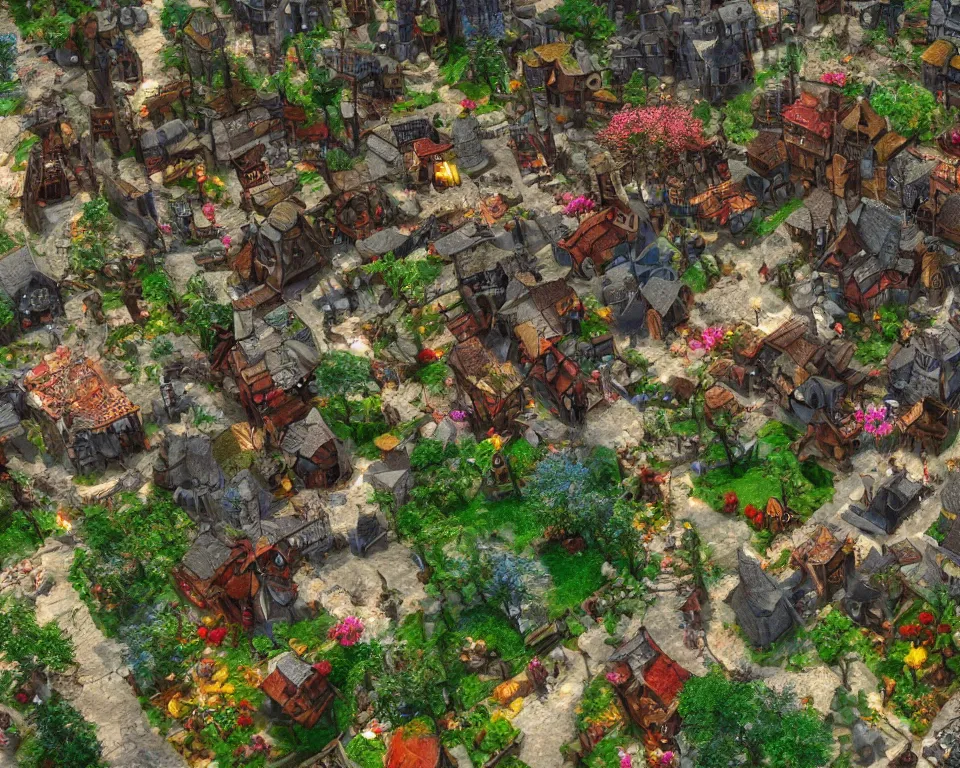 Image similar to colorful medieval city of the fae, built into trees and stone, fanciful, magical, unreal engine