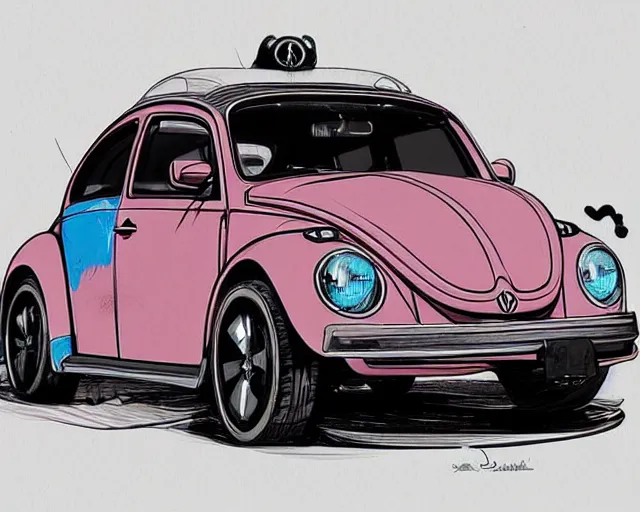 Image similar to a study of cell shaded portrait of a Volkswagen Beetle llustration, post grunge, concept art by josan gonzales and wlop, by james jean, Victo ngai, David Rubín, Mike Mignola, Laurie Greasley, highly detailed, sharp focus, alien, Trending on Artstation, HQ, deviantart, art by artgem