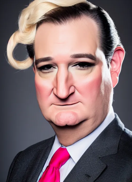 Image similar to studio portrait of ted cruz in full drag dressed in drag dressed as a woman makeup, 8 k, studio lighting, key light, back light, sequents,