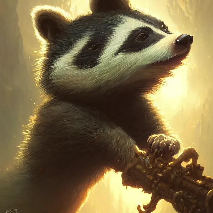 Image similar to highly detailed portrait of a cute badger, unreal engine, fantasy art by greg rutkowski, loish, rhads, ferdinand knab, makoto shinkai and lois van baarle, ilya kuvshinov, rossdraws, tom bagshaw, alphonse mucha, global illumination, radiant light, detailed and intricate environment