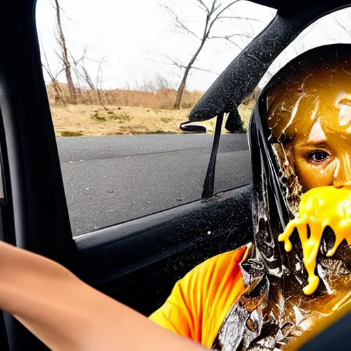 Image similar to gopro photograph of garbage bag with human face oozing goop inside car, holding cheeseburger