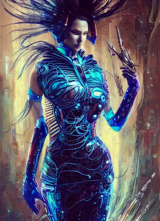 Image similar to a full body beautiful woman wearing a cyberpunk outfit by karol bak, ayami kojima, artgerm, sakimichan, hr giger, blue eyes, weapons, electronics, high tech, cyber wear, latex dress, bandage, concept art, fantasy, cyberpunk